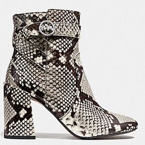 COACH Elisa Heeled Boots / Booties in Snakeskin Leather Logo Pendant Women’s 7.5